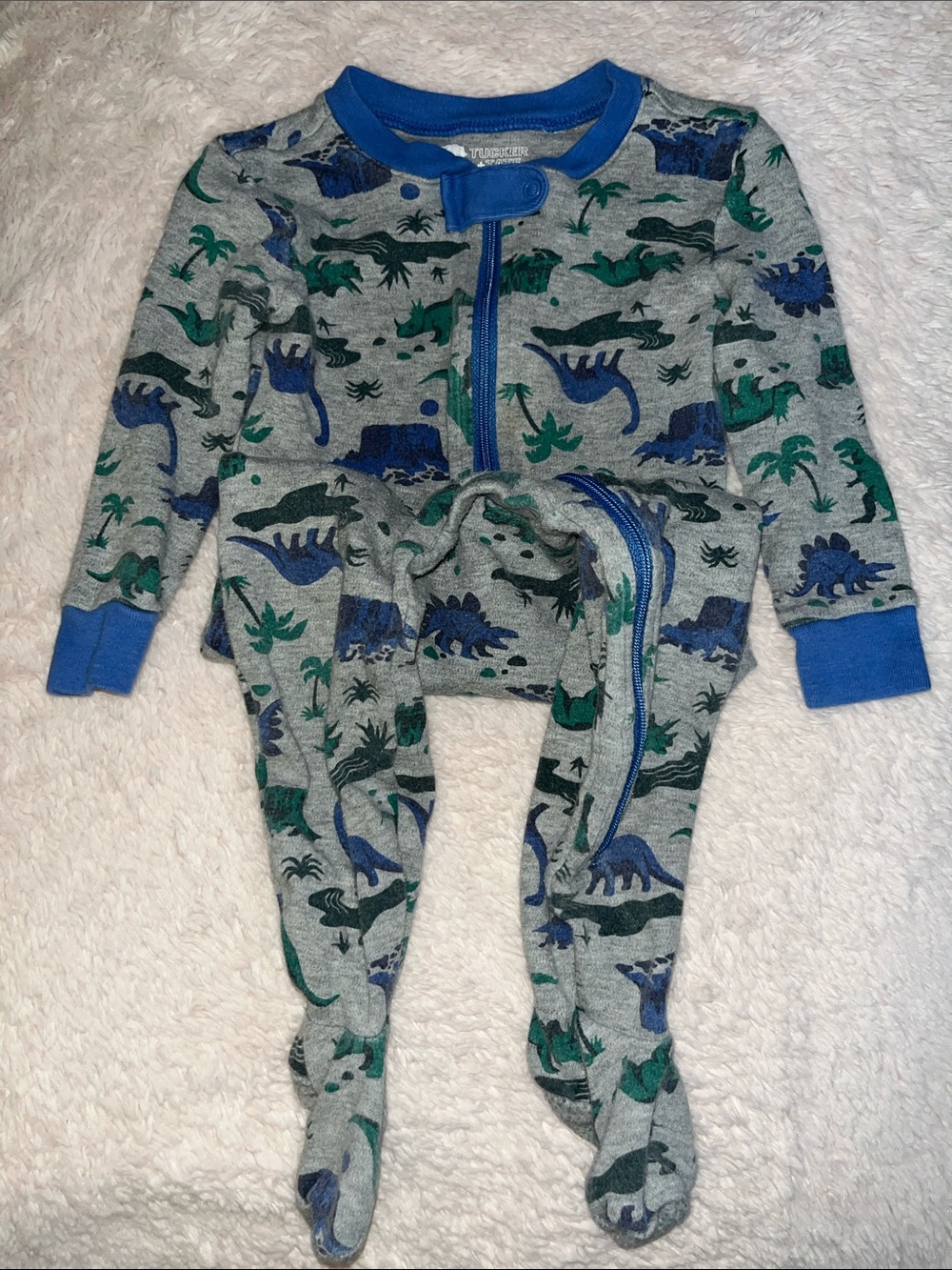 Tucker + Tate Gray Dino Footed One-Piece with Blue Trim